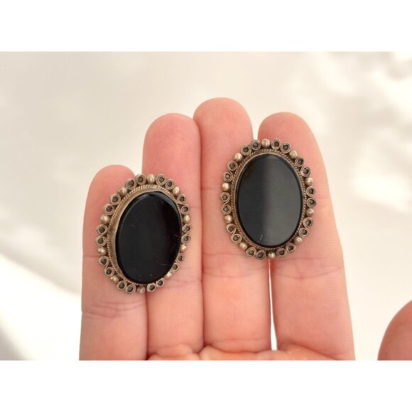 Taxco Mexico Black Onyx Screw Back 925 Sterling Silver Vintage Stud Earrings - Picture 13 of 13